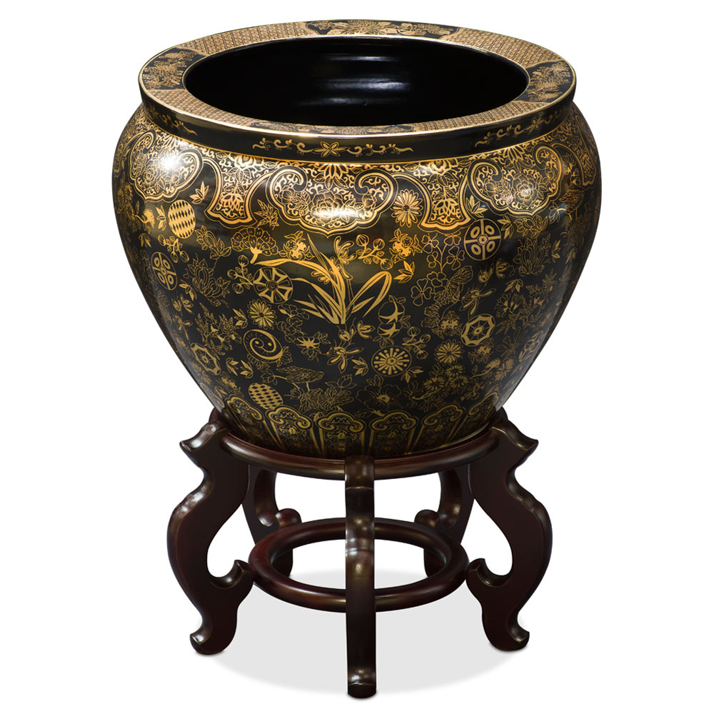 15 Inch Black and Gold Leaves and Vines Chinese Fishbowl Planter