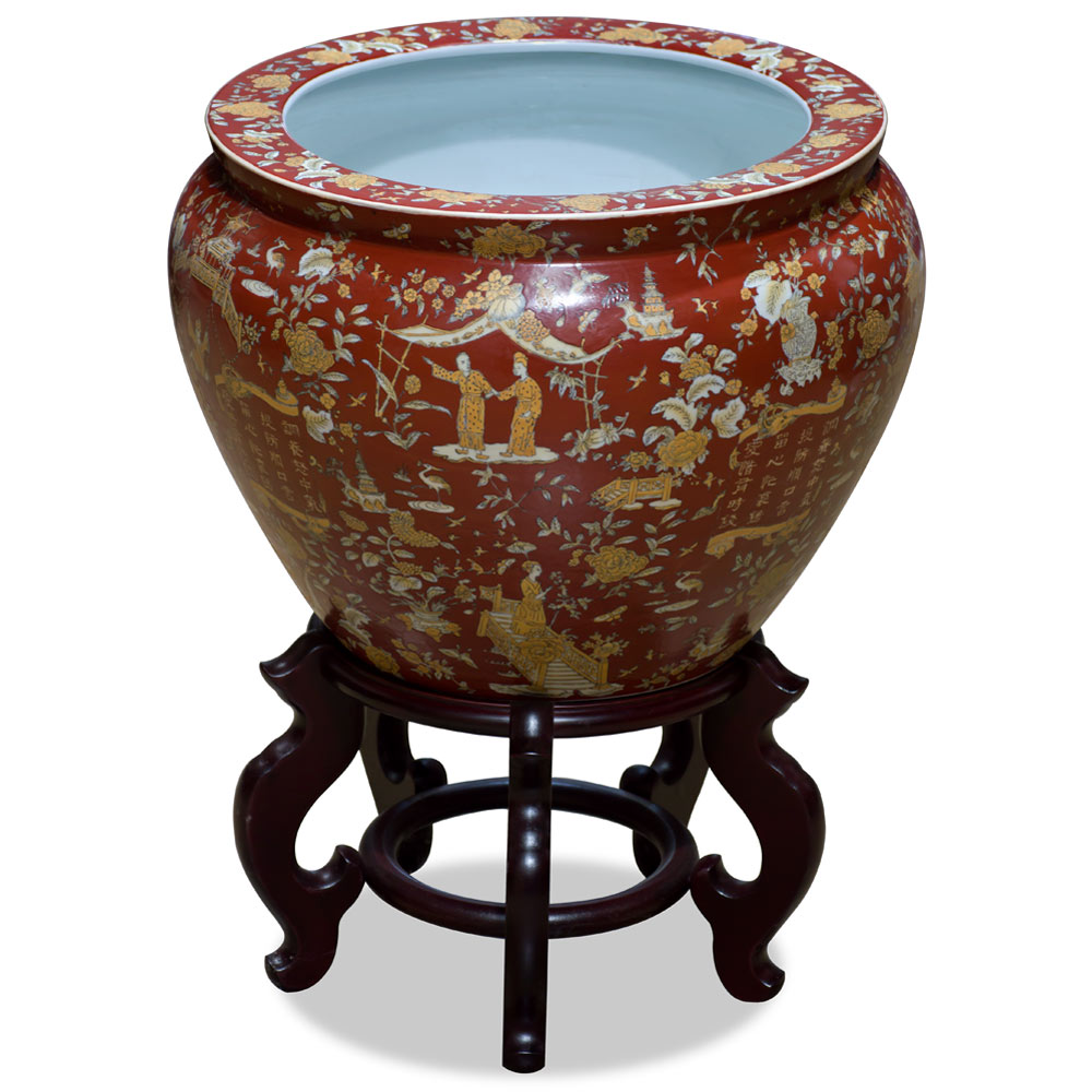 Hand Painted Dark Red Chinoiserie Motif Porcelain Chinese Fishbowl Planter