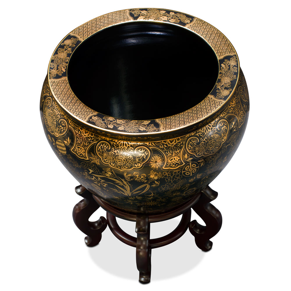 Oriental Furniture 16" Solid Black Porcelain Fishbowl 