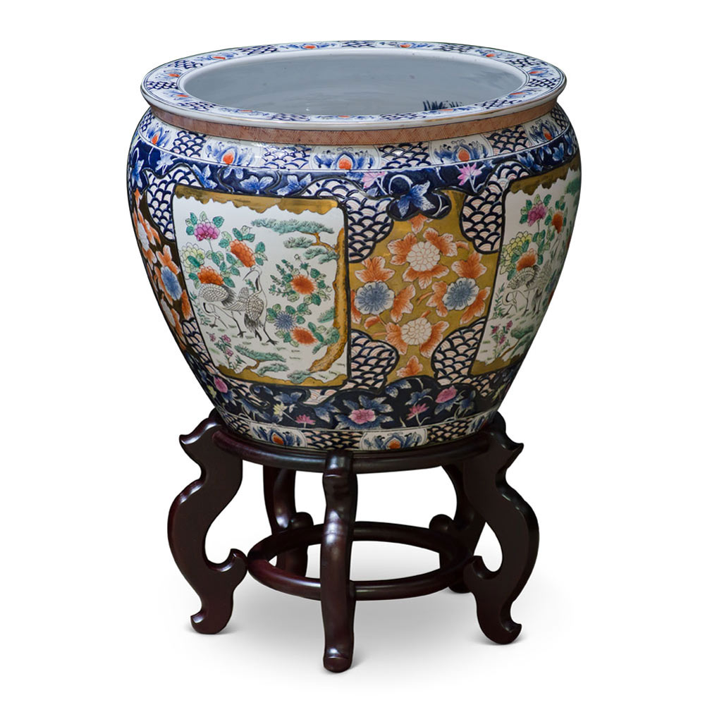 16 Inch Crane and Chrysanthemum Motif Chinese Fishbowl Planter