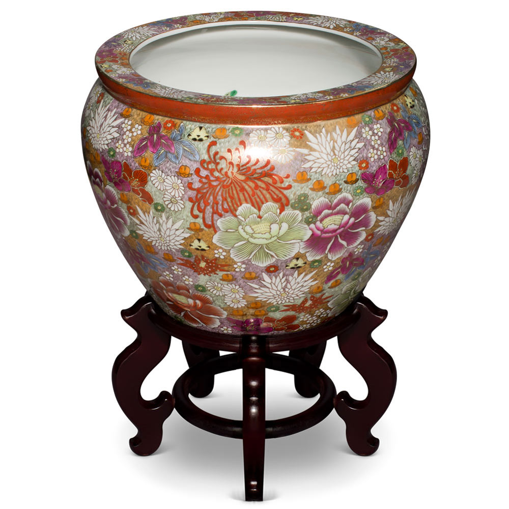 15 Inch Hand Painted Hanazume Japanese Thousand Flower Porcelain Fishbowl Planter