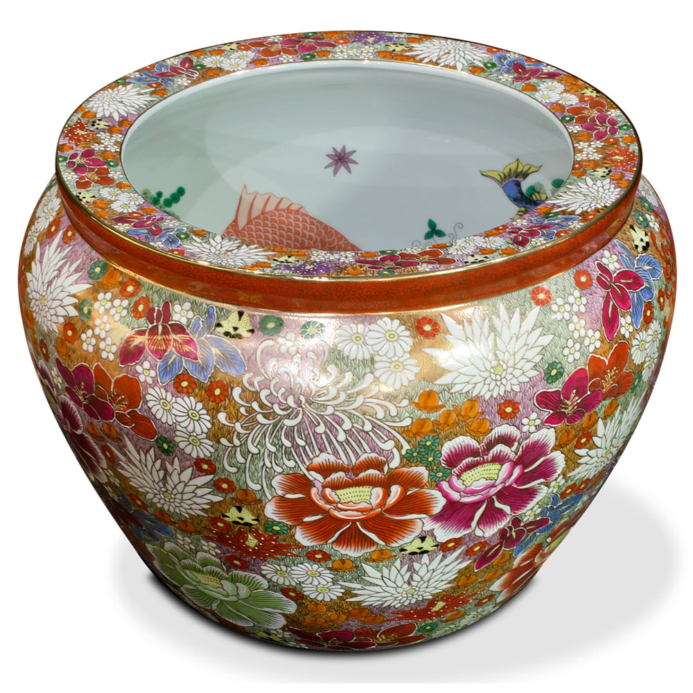15 Inch Hand Painted Hanazume Japanese Thousand Flower Porcelain Fishbowl Planter