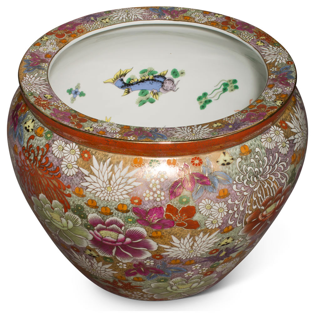 15 Inch Hand Painted Hanazume Japanese Thousand Flower Porcelain Fishbowl Planter