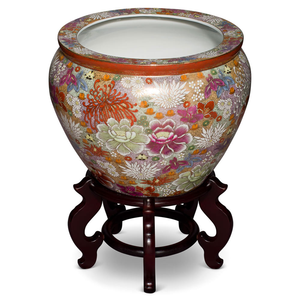 15 Inch Hand Painted Hanazume Japanese Thousand Flower Porcelain Fishbowl Planter