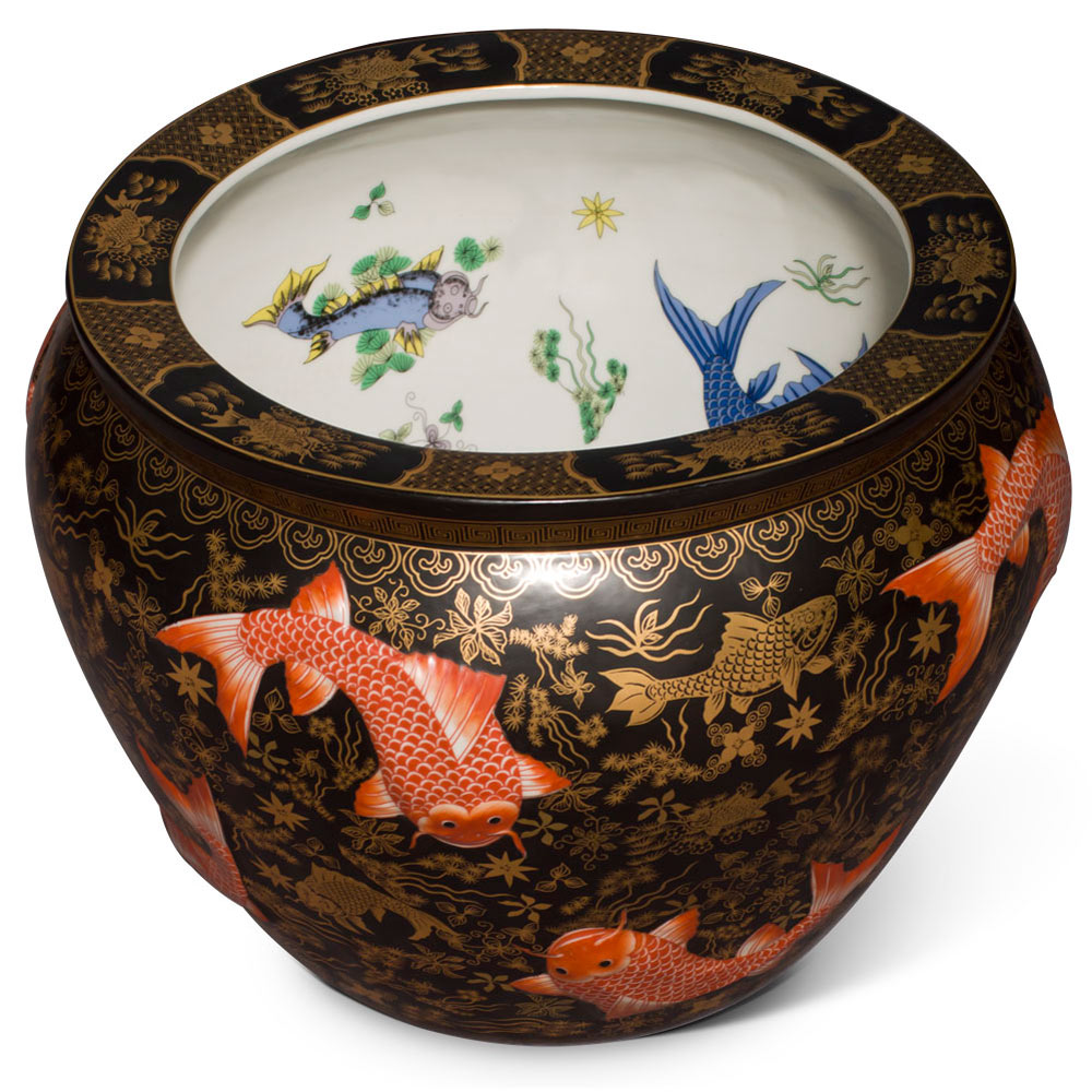 16 Inch Porcelain Koi Fish Motif Chinese Fishbowl Planter