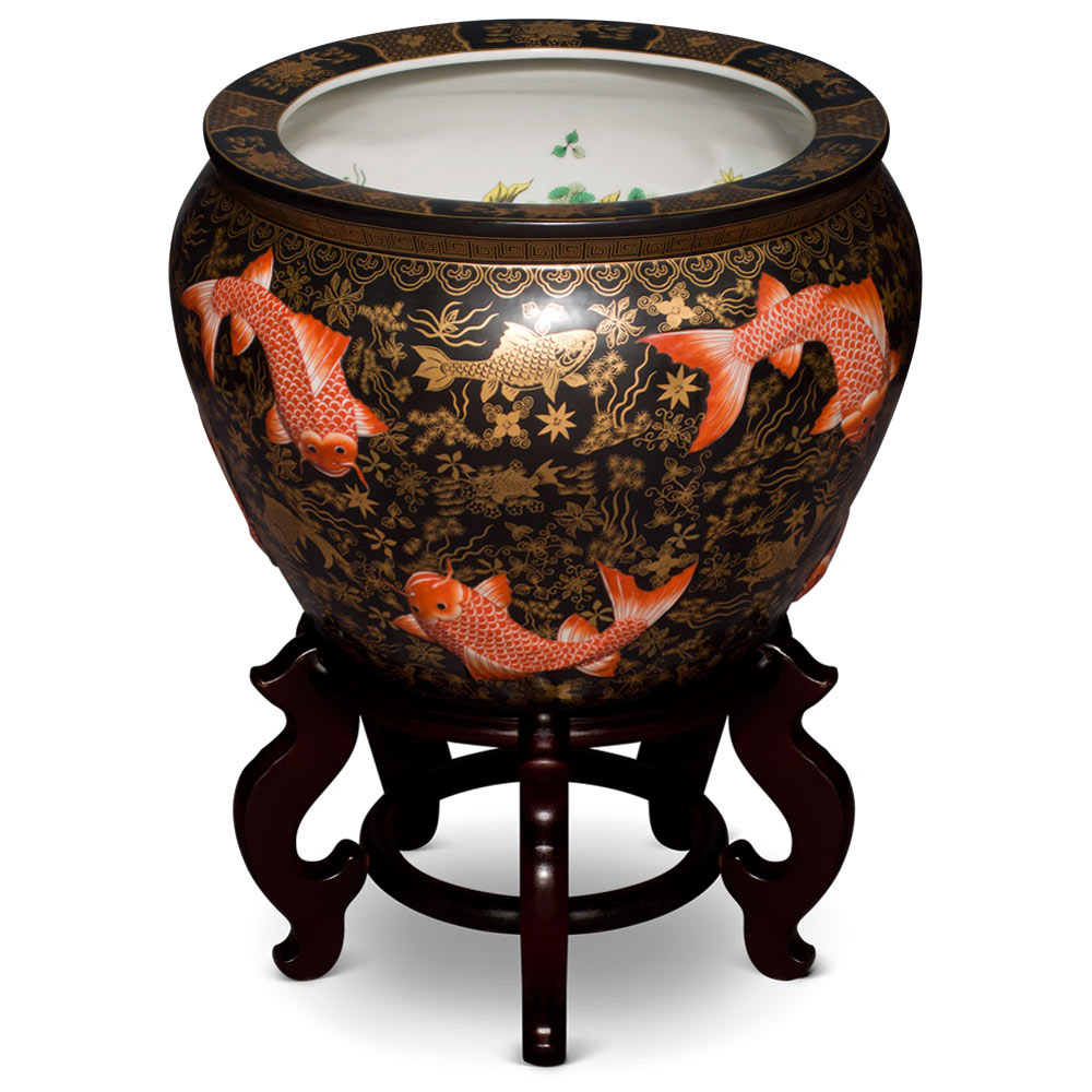 16 Inch Porcelain Koi Fish Motif Chinese Fishbowl Planter