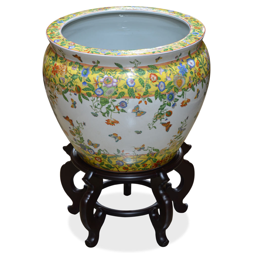 18 Inch Porcelain Butterfly and Flower Motif Chinese Fishbowl Planter