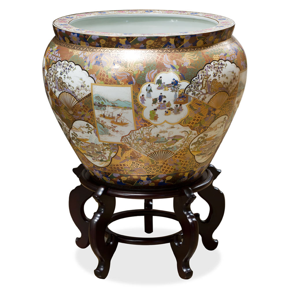 19.5 Inch Hand Painted Satsuma Design Porcelain Chinese Fishbowl Planter