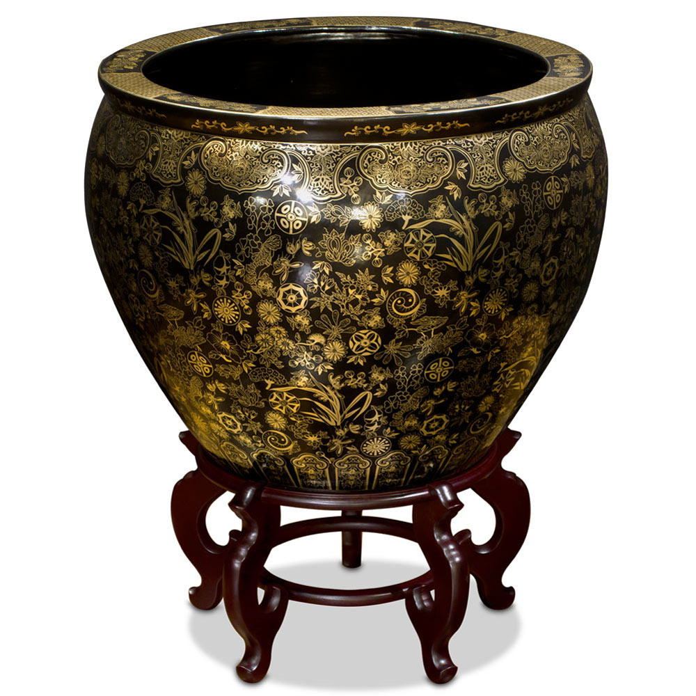 22.5 Inch Black and Gold Floral Design Chinese Fishbowl Planter