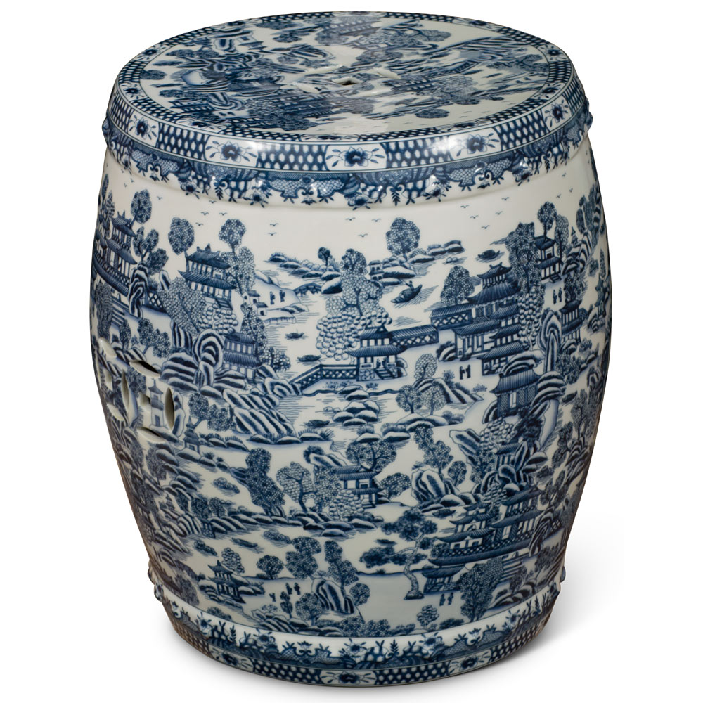 Blue and White Chinoiserie Scenery Oversized Chinese Porcelain Garden Stool