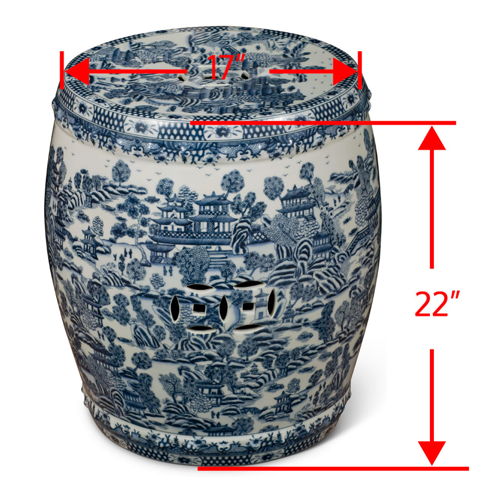 Blue and White Chinoiserie Scenery Oversized Chinese Porcelain Garden Stool