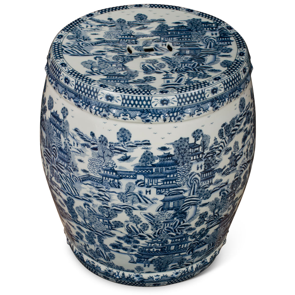 Blue and White Chinoiserie Scenery Oversized Chinese Porcelain Garden Stool