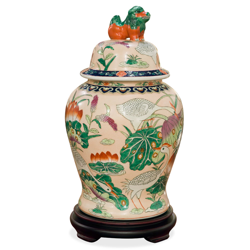 Prosperity Cranes and Lotus Motif Chinese Porcelain Jar