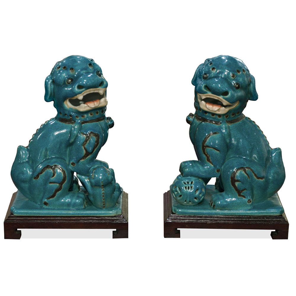 Blue Peking Temple Foo Dog Oriental Figurine Set