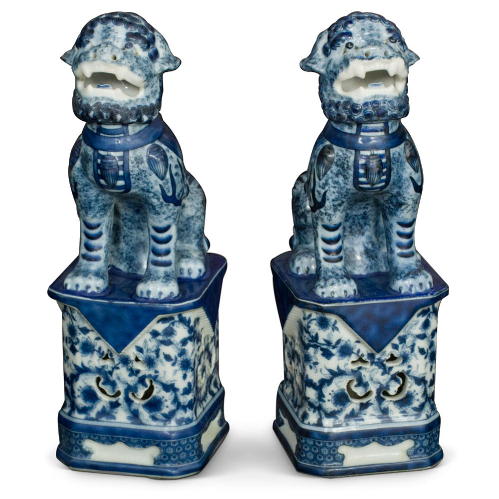 Blue and White Canton Porcelain Chinese Foo Dogs Set