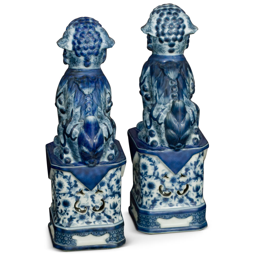 Blue and White Canton Porcelain Chinese Foo Dogs Set