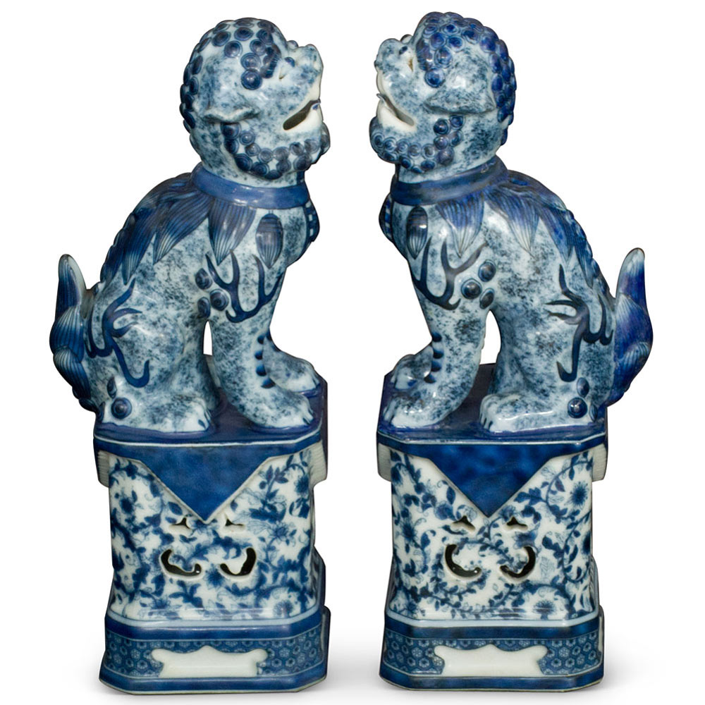 Blue and White Canton Porcelain Chinese Foo Dogs Set