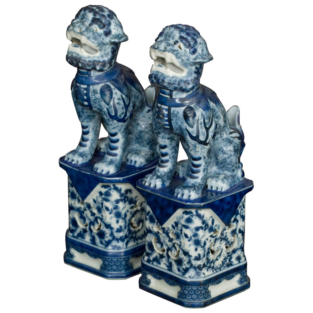 Blue and White Canton Porcelain Chinese Foo Dogs Set