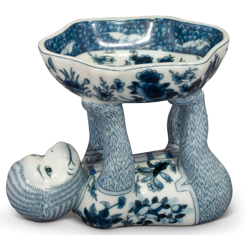 Blue and White Chinese Porcelain Monkey Holding Lotus Dish