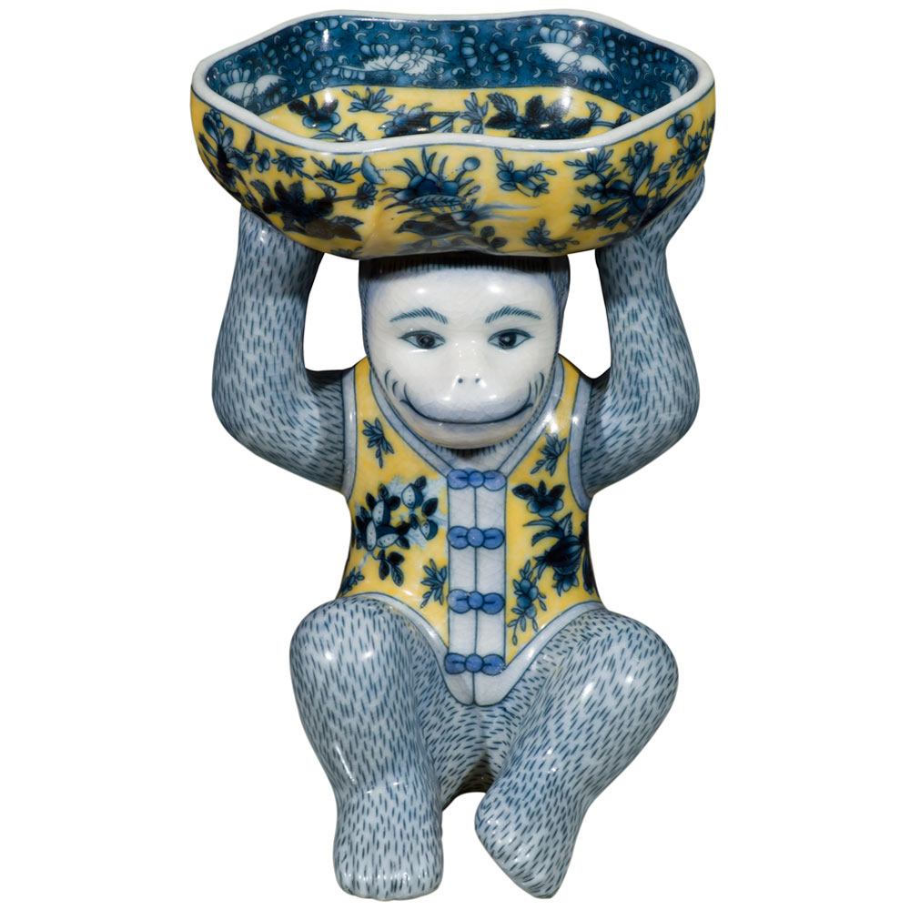 Blue and Yellow Chinese Porcelain Monkey Holding Lotus Dish