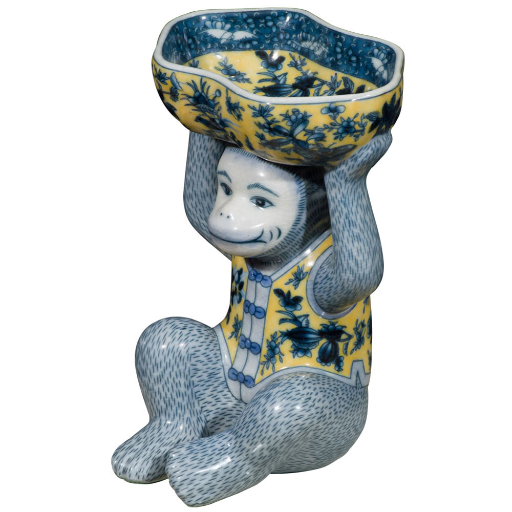 Blue and Yellow Chinese Porcelain Monkey Holding Lotus Dish