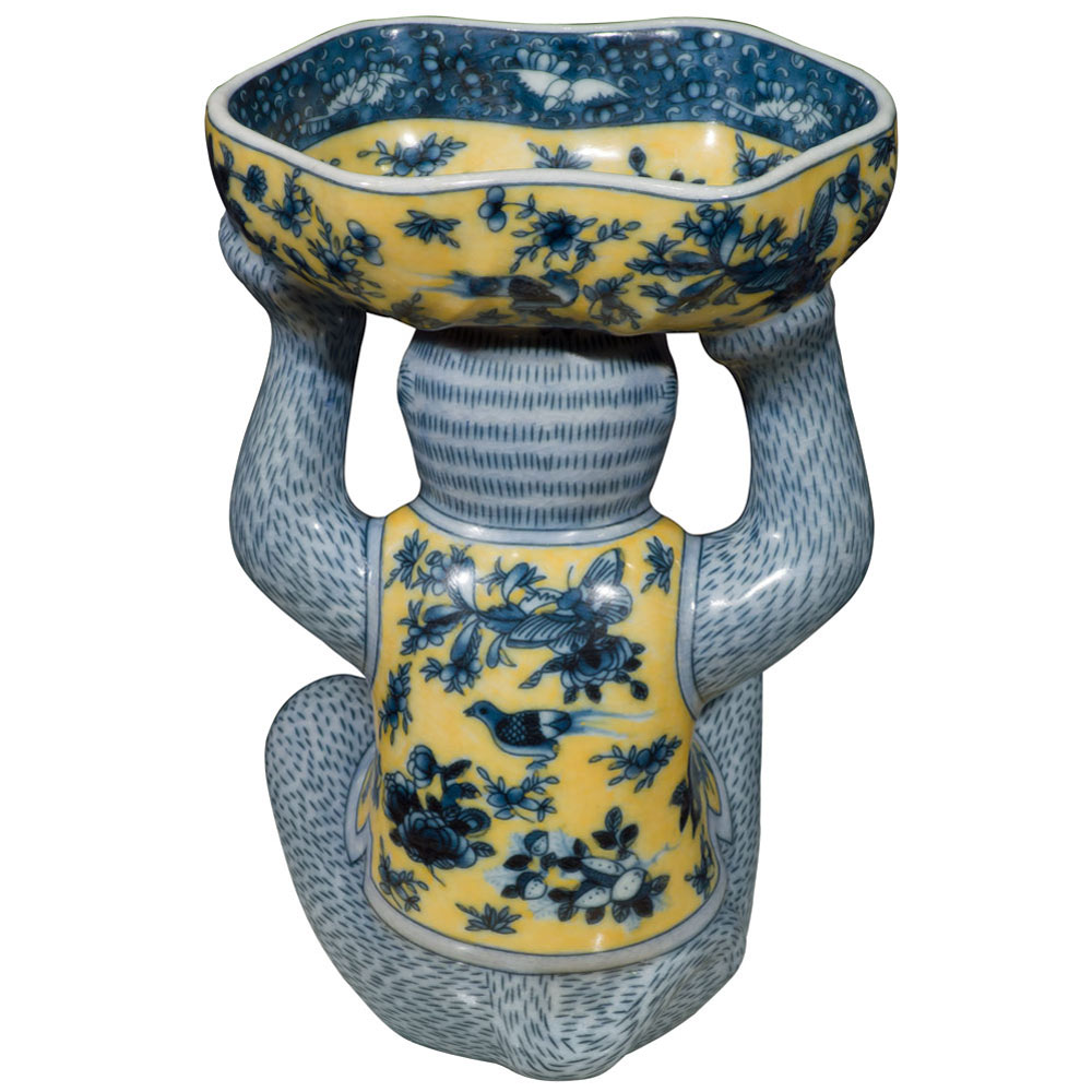 Blue and Yellow Chinese Porcelain Monkey Holding Lotus Dish