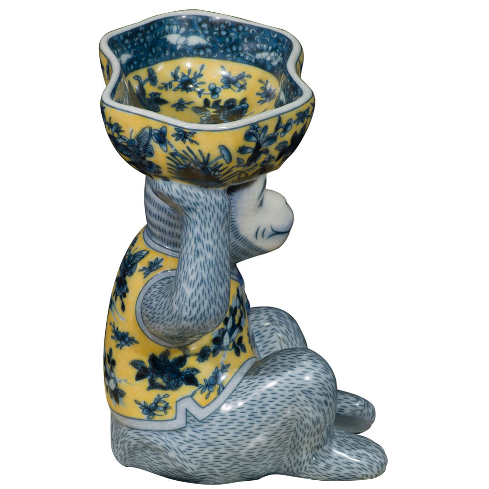 Blue and Yellow Chinese Porcelain Monkey Holding Lotus Dish