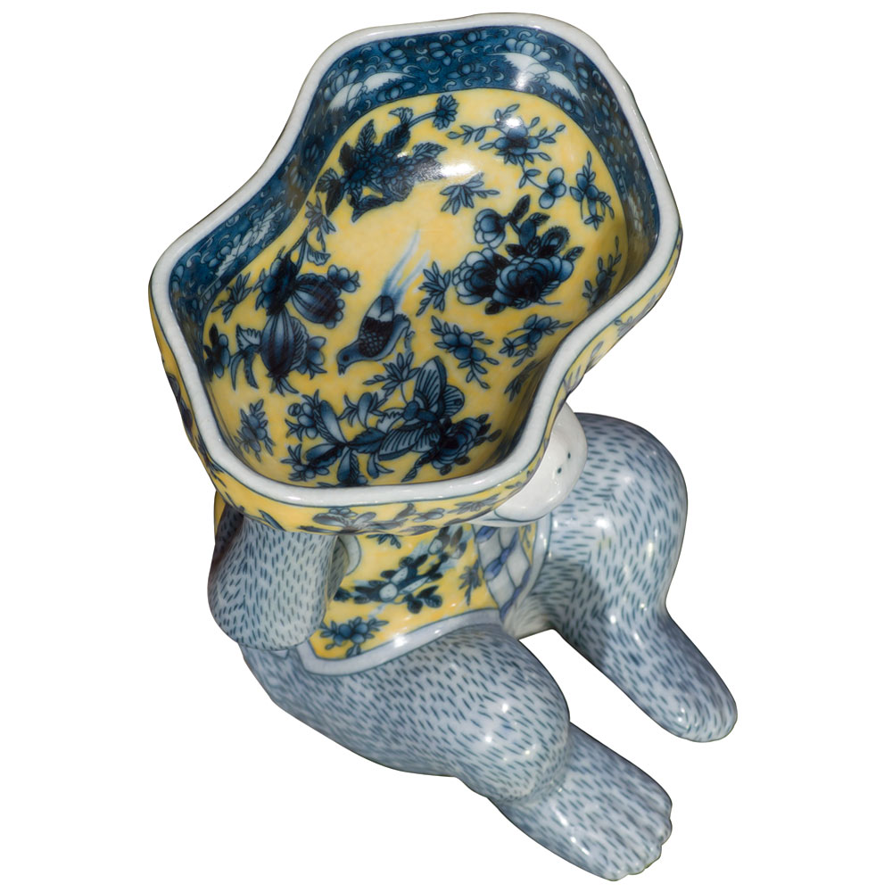Blue and Yellow Chinese Porcelain Monkey Holding Lotus Dish