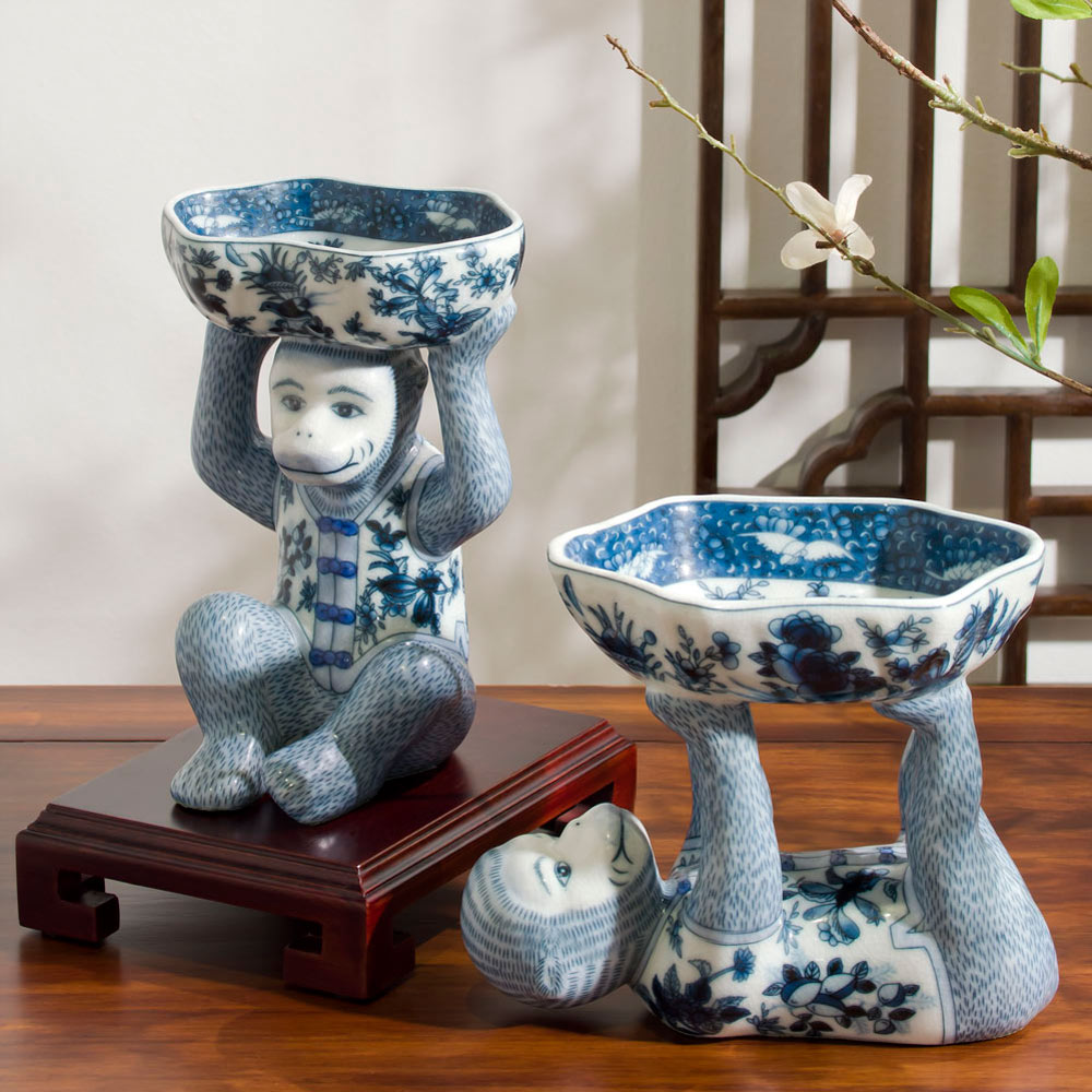 Blue and White Chinese Porcelain Monkey Holding Lotus Dish