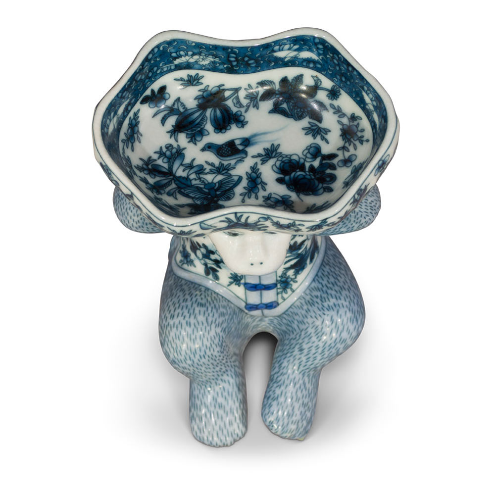 Blue and White Chinese Porcelain Monkey Holding Lotus Dish