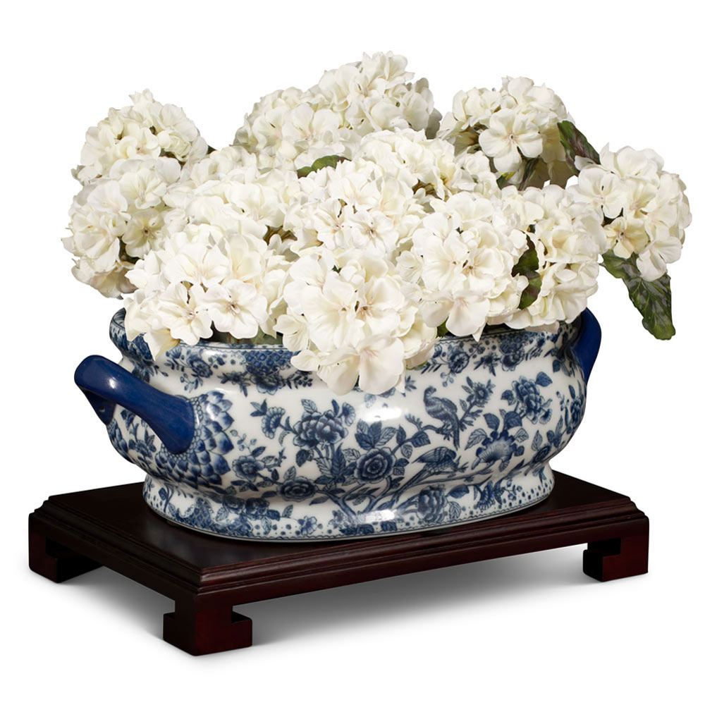 Blue and White Flower & Birds Motif Chinese Porcelain Footbath Planter