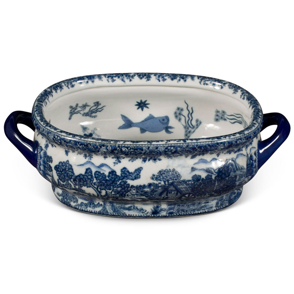 Blue and White Scenery Motif Chinese Porcelain Footbath Planter