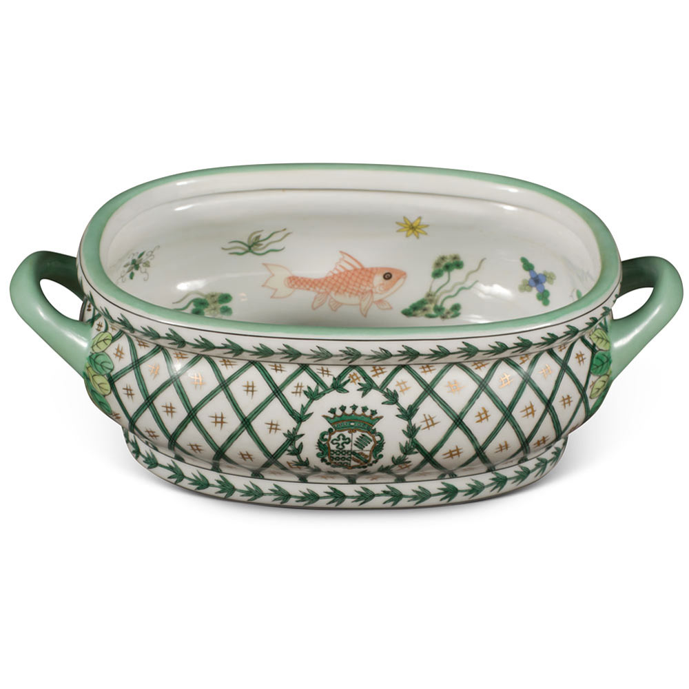Green and White European Motif Chinese Porcelain Footbath Planter