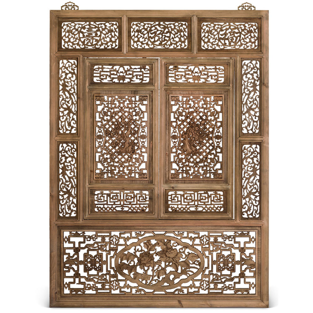 Cedar Wood Floral Motif Lattice Window Shutter Asian Wall Plaque