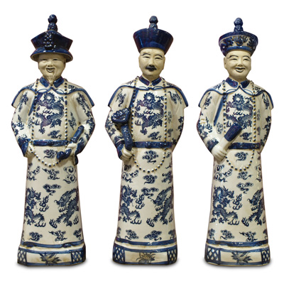 Blue and White Porcelain Qing Emperor Chinese Figurine Set