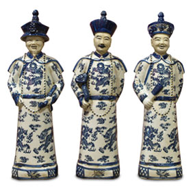 Blue and White Porcelain Qing Emperor Chinese Figurine Set