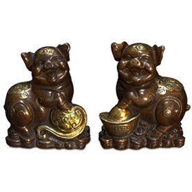 Bronze Lucky Boars Chinese Figurines Set