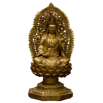 Bronze Guanyin Asian Statue with Lotus