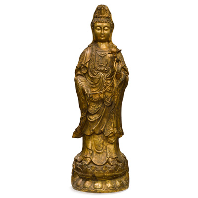 Bronze Standing Guanyin Asian Statue with Lotus