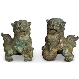 Hand Forged Bronze Chinese Imperial Palace Foo Dogs Figurine Set