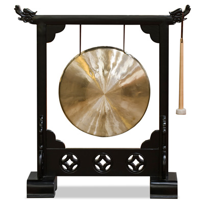 Brass Chinese Gong With Black Elmwood Dragon Frame