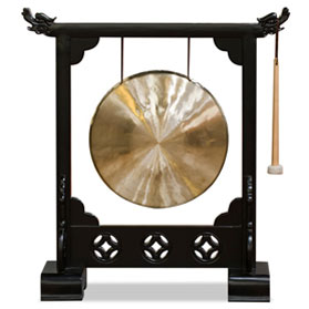 Brass Chinese Gong With Black Elmwood Dragon Frame