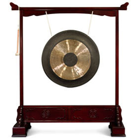 Chinese Brass Gong with Cherry Finish Longevity Motif Rosewood Stand