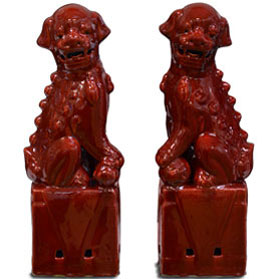 Porcelain Red Foo Dogs Chinese Statue Set