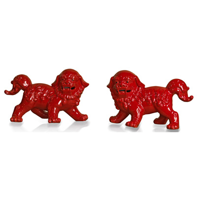 Red Porcelain Standing Chinese Foo Dog Set