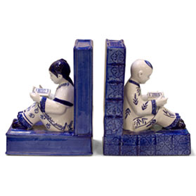 Blue and White Porcelain Reading Boy and Girl Asian Bookends