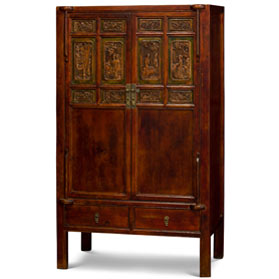 Vintage Elmwood Chinese Armoire with Carved Panels