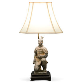 Terracotta Kneeling Archer Warrior Lamp with Beige Shade