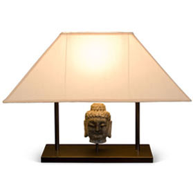 Stone Buddha Head Motif Chinese Lamp with Silk Shade