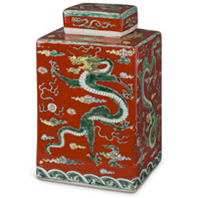 Maroon Red Chinese Square Porcelain Tea Jar with Imperial Dragon Motif